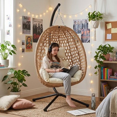 Hanging chair cocoon on a frame /beige/