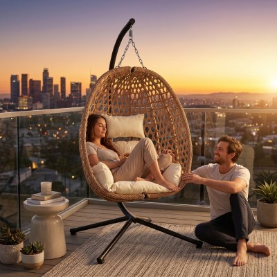 Hanging chair cocoon on a frame /beige/
