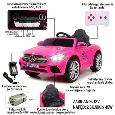 Mercedes SL500 Auto na akumulator dla dzieci Koła EVA Skóra Różowy