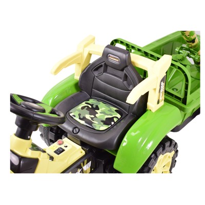 TRAKTOR NA AKUMULATOR ZIELONY Z PRZYCZEPĄ + MOŻDZIERZ, MIĘKKIE SIEDZENIE,PILOT/HSD6606