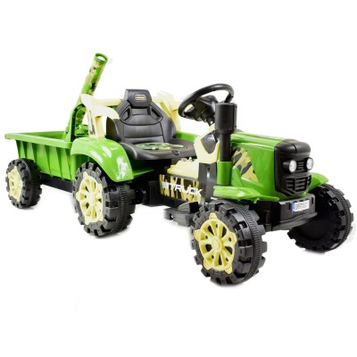 TRAKTOR NA AKUMULATOR ZIELONY Z PRZYCZEPĄ + MOŻDZIERZ, MIĘKKIE SIEDZENIE,PILOT/HSD6606