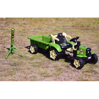 TRAKTOR NA AKUMULATOR ZIELONY Z PRZYCZEPĄ + MOŻDZIERZ, MIĘKKIE SIEDZENIE,PILOT/HSD6606