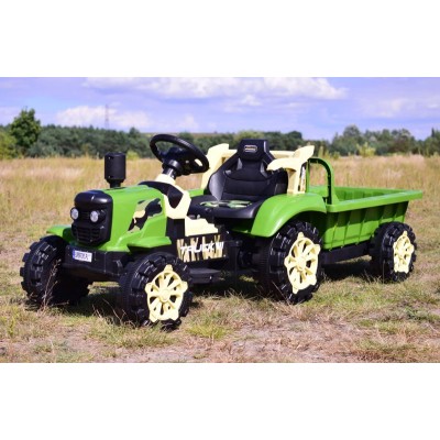 TRAKTOR NA AKUMULATOR ZIELONY Z PRZYCZEPĄ + MOŻDZIERZ, MIĘKKIE SIEDZENIE,PILOT/HSD6606