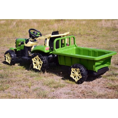TRAKTOR NA AKUMULATOR ZIELONY Z PRZYCZEPĄ + MOŻDZIERZ, MIĘKKIE SIEDZENIE,PILOT/HSD6606