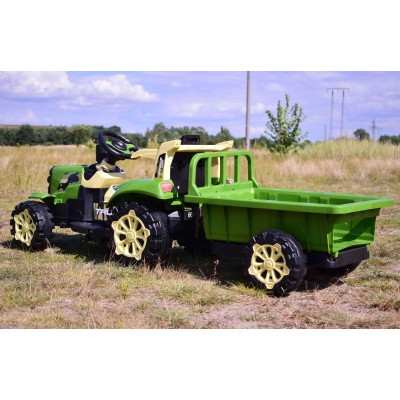 TRAKTOR NA AKUMULATOR ZIELONY Z PRZYCZEPĄ + MOŻDZIERZ, MIĘKKIE SIEDZENIE,PILOT/HSD6606