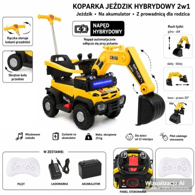 Ciężarówka na akumulator z łyżka, jeździk, rączka do kierowania,pilot/YW1006
