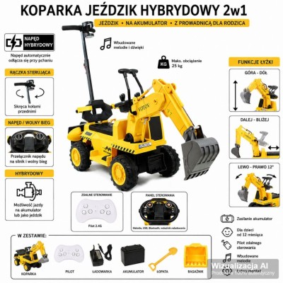 Koparka na Akumulator dla Dzieci 3w1 – Żółty Jeździk Hybrydowy z Pilotem i Przyczepą EC-500