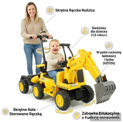 Koparka na Akumulator dla Dzieci 3w1 – Żółty Jeździk Hybrydowy z Pilotem i Przyczepą EC-500